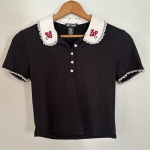 Mushroom Embroidered Lacey Collared Cropped Tee Size Small